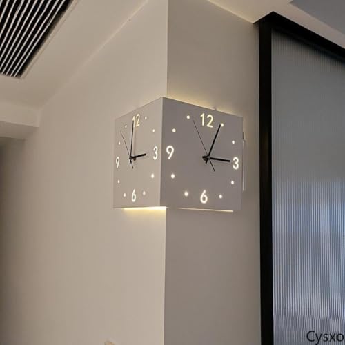 Cysxo電波時計対応 両面コーナークロック (10インチ) - リビング・寝室・カフェ用 高級アクリル製 静かで軽量なデザイン｜リモコン付き 電池式 壁掛け時計 (光とともに,ホワイト) [並行輸入品] [2]