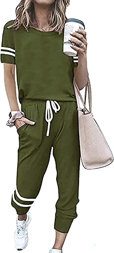 Image of PRETTYGARDEN Women's Two Piece Outfits Striped Short Sleeve Pullover and Long Pants Tracksuit Pajama Lounge Jogger Sets