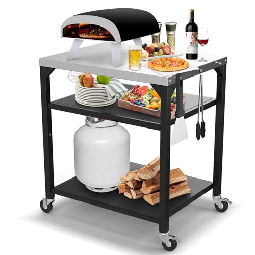 GFTIME Pizzaofen-Tischwagen für Ninja Woodfire, Blackstone Griddle, Weber Q, großer rollender Kücheninsel-Allzweckwagen, Outdoor-Grillständer, Edelstahl Grilltisch Grillwagen mit 3 Etagen
