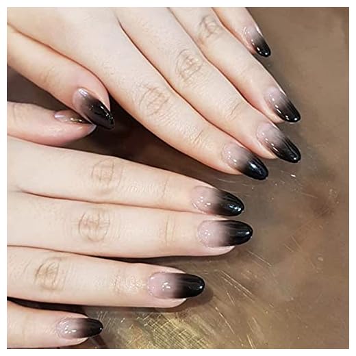 RODAKY Long Press on Nails Glossy French Black gradient Full Cover Oval False Nails Ballerina Nail Art Set DIY Artificial Acrylic Fake Nail Tips Stick on Nails for Women 24Pcs
