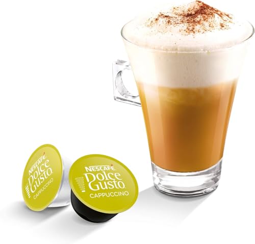 Image of Nescafe Dolce Gusto Cappuccino Coffee Capsules, Arabica & Robusta Selection, Round & Silky, 6 Cups 120g (Product Of UK) with Free Flavourito Kunafa Pistachio Chocolate Bar, 20g By Decadent Foods