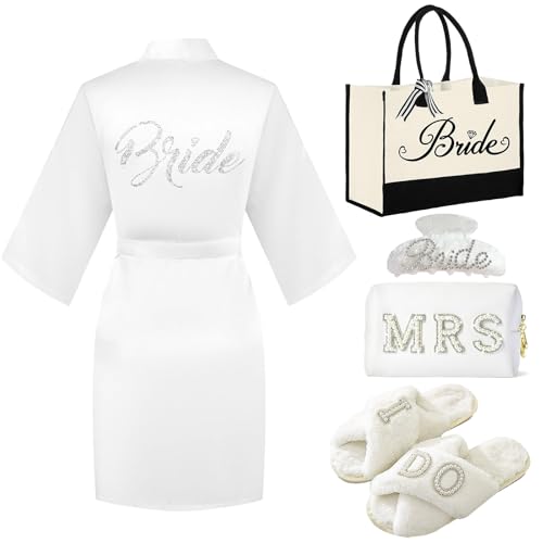 Defresit 5 Pcs Bride To Be Gift Set - Makeup Bag Canvas Tote Bag Slippers Robe Hair Clip - for Wedding Proposal Bridal Shower(Noble Style)