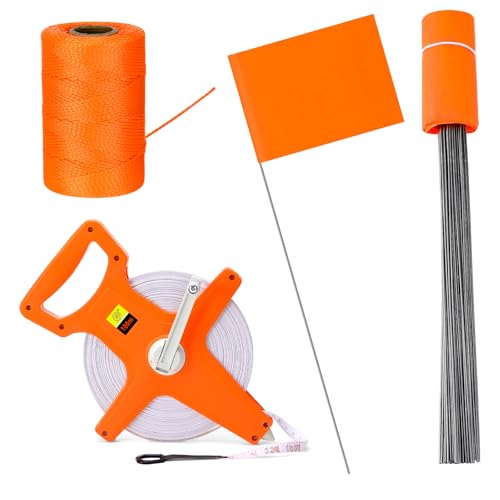 3 Pcs Yard Marking Kit with 330ft Measuring Tape, 50 Orange Flags String by Moukeren - Used condition - US$23.00