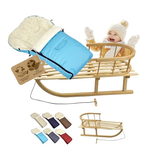 BambiniWelt Trineo de madera con respaldo y cuerda de tracción + saco de invierno de 90 cm – Lana de cordero impermeable – Conjunto combinado para cochecito y silla de paseo (turquesa)