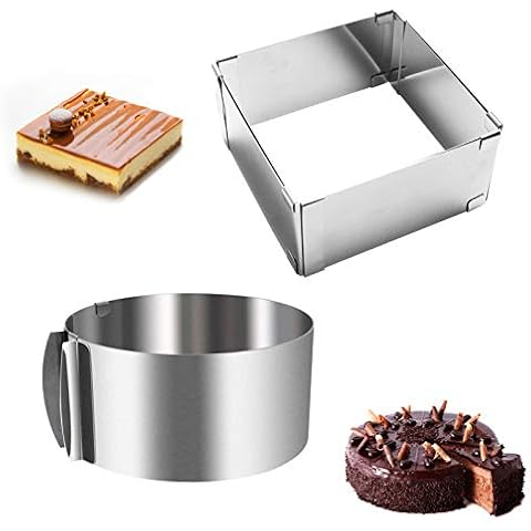 2 pack Cake Ring Mould with Scaling,Leak-Proof,Food-Safe Stainless Steel Mold,Adjustable Baking Frame From 6-12inch,for Baking Cooking Crumpets Eggs Pastry Mousse Desserts,1 pcs Rectangular+1pcs Round Cover