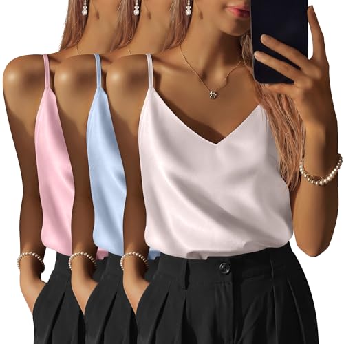 Image of 3 Pack Women's Silk Satin Camisoles V Neck Tank Tops | 95% Polyester, 5% Spandex, Adjustable Spaghetti Strap, Loose Blouse, Daily Wear, Sleeveless, Classic V Neck