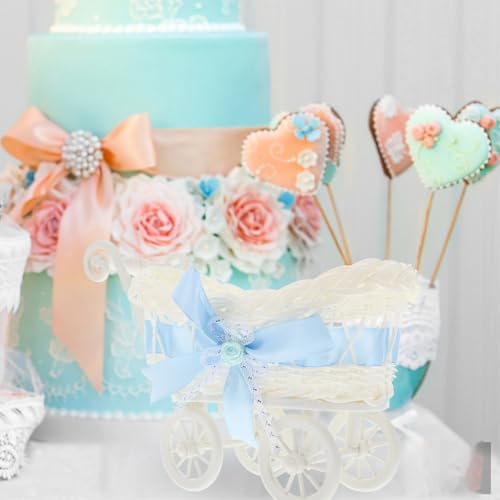 Ciieeo 4 Pcs Wicker Stroller Decoration Rattan Baby Carriage Baby Doll Stroller Woven Flower Basket Baby Shower Centerpiece Stroller for Baby Shower Party Favors Blue by Ciieeo - Image 2
