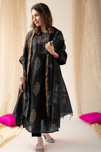 Image of GoSriKi Women's Rayon Viscose Straight Printed Kurta with Pant & Dupatta