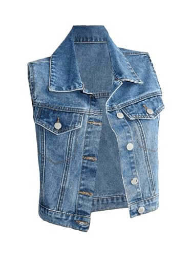 MakeMeChic Girl's Denim Jacket Button Down Sleeveless Collared Y2K Summer Jean Vest Outerwear
