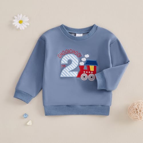 Nsywmzy Baby Boy 2nd Birthday Outfit Sweatshirt Train Embroidery Round Neck Long Sleeve T-Shirt Top Party Outfit (Blue, 2-3 Years) - Image 2
