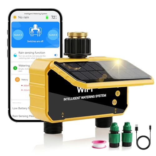 Sprinkler Timer Solar WiFi Water Timer for Garden Hose 2 Zone Water Sprinkler with Rain Sensor and Manual Mode via APP/Voice Control Automatic Irrigation Control System for Lawns Yard and Pool