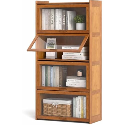 LDAILY Bamboo Bookcase with Flip-Up Doors, 4-Tier 55-Inch