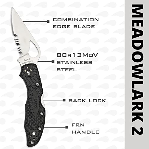 Image of Spyderco Byrd Meadowlark 2 Lightweight Knife with 2.90 inch Stainless Steel Blade and Black Non-Slip FRN Handle - CombinationEdge - BY04PSBK2