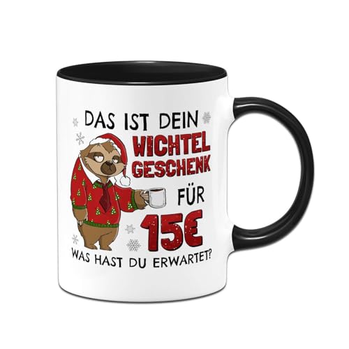 Faultier Tasse: Das ist Dein Wichtelgeschenk für 15 Euro - Kaffeetasse lustig mit Spruch zum Wichteln als Geschenk für Kollegen, Kollegin - Männer & Frauen Unisex (Schwarz)