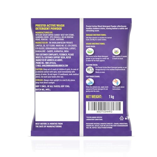 Image of Amazon Brand - Presto! Active Wash Powder 1kg | Tough On Stains | Gentle On Fabrics | Colour-Safe | Refreshing Fragrance | Machine And Hand Wash