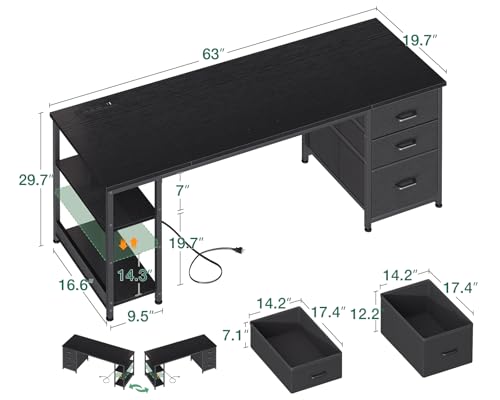Image of AODK 63 Inch Computer Desk with Drawers & USB Power Outlets, Reversible Home Office Desk with Storage Shelves, Work from Home, Modern Work /Writing /Study Table for Bedroom, Black