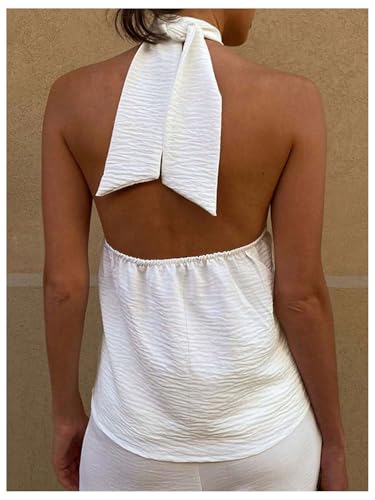 MakeMeChic Women's Halter Tops Criss Cross Backless Cute Going Out Tops Sleeveless Tie Casual Textured Shirt2