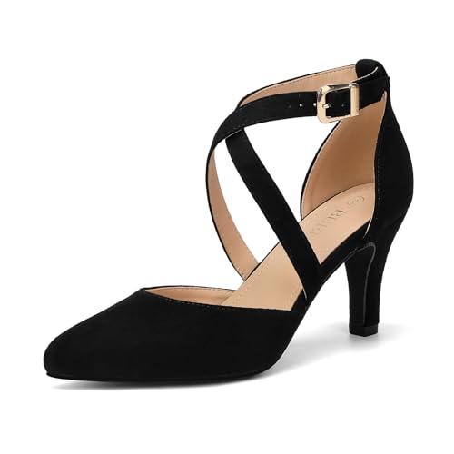 BUEUPU Women's 3In Closed Toe Heel Pumps Dress Shoes for Women, Black Suede, 8.5