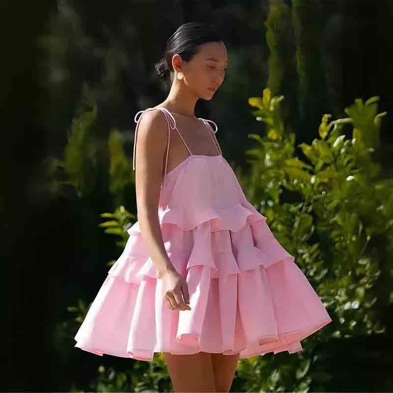 Women's Summer Solid Color Multi-Layer Ruffled Cake Skirt Short Backless Camisole Dress4