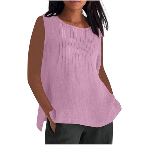 RLEHJN Musselin Tank Top Damen,Lang Trägertop Locker T-Shirt Lässige Baumwoll Leinen Tanktops Sommer Plissierte Ärmelloses Tunika Leichte Damen T-Shirt Strand Vest Blusentop Übergröße S-5XL