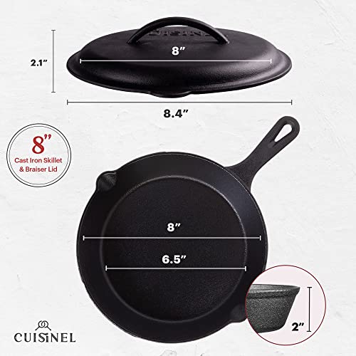 Cast Iron Skillet with Lid - 8"-inch Pre-Seasoned Covered Frying Pan Set + Silicone Handle and Lid Holders + Scraper/Cleaner - Indoor/Outdoor, Oven, Stovetop, Camping Fire, Grill Safe Kitchen Cookware by CUISINEL - Image 2