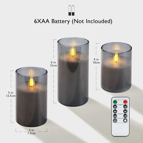 Image of Amagic Grey Flameless Candles with Remote, Battery Operated Candles with Timer, Ribbed Glass LED Pillar Candles with Flickering Flame for Spooky Halloween Party Decor, Real Wax, Set of 3