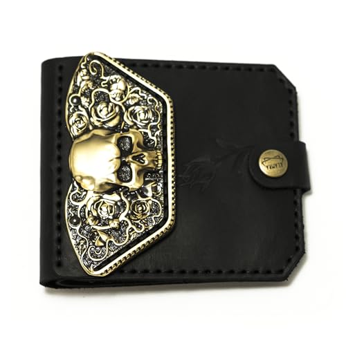Handmade genuine leather wallet Skulls and Roses, unisex billfold, biker grunge style leather brass clasp wallet
