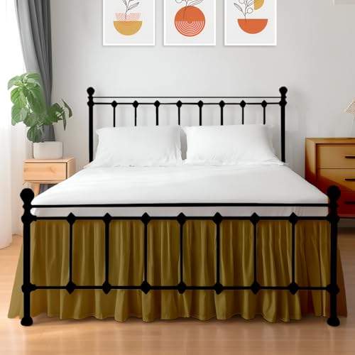 Shreem Linen Ruffled Bed Skirt with Split Corners, Gathered Style, 100% Microfiber, 16-Inch Drop, Dust Ruffle Bedskirt with Platform, Olympic Queen, Taupe