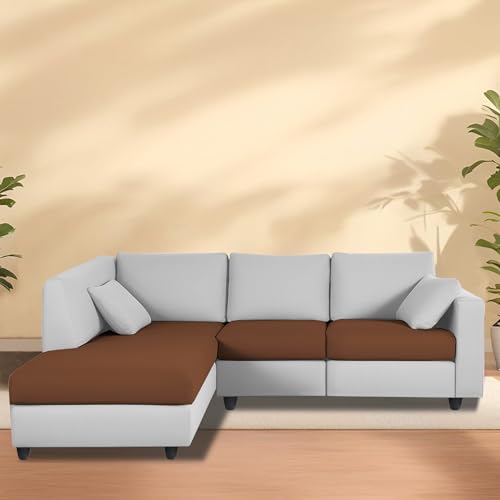 Image of Florian LHS 4 Seater L Shape Sofa Set for Living Room (Brown Grey Fabric) Premium Fabric Sofa
