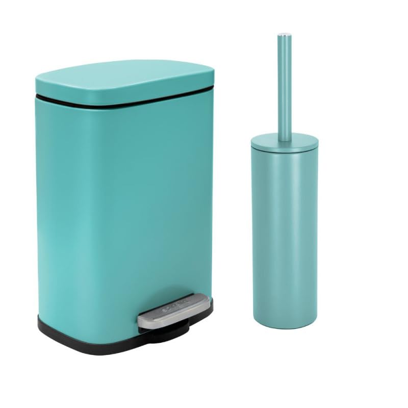 Poubelle à pédale easy-close et brosse WC Spirella Akira en acier anti-trace turquoise