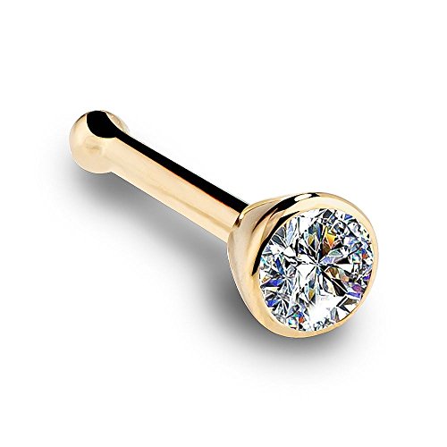 I1 2Mm 0.03Ct. T.w. Diamond Flush Bezel Set Diamond 14K Yellow Gold Bone Nose Ring 18G #TOP4