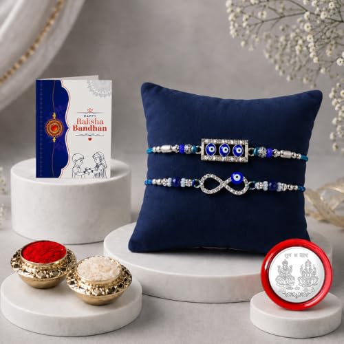 Image of Oblivion Designer Blue Star Eye and Infinity Illuminati Rakhi for Bhaiya, 2 Handmade Beaded Threads with Roli Tikka, Silver Color Pooja Coin & Greeting Card | Rakshabandhan Festive Combo, Pack of 5