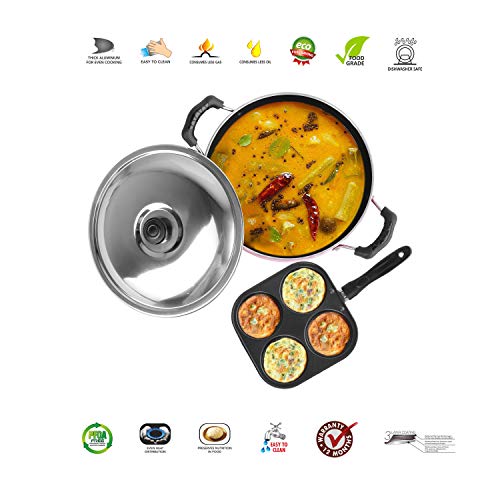 Image of Sumeet 2.6mm Thick Non-Stick Apple Cookware set (Mini Multi Snack Maker - 19.5cm Dia + Kadhai with Lid - 1.5Ltr capacity- 20cm Dia)