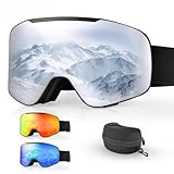 Beautiq Unisex Ski Goggles with Magnetic Flip Cover, OTG Compatible Snowboard Goggles for Winter Sports - Anti-Fog & U V Protection Silver
