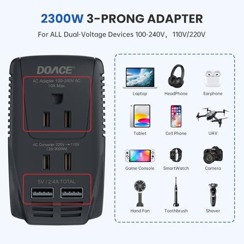 Image of Upgraded 2000W 220V to 110V Converter for European Travel, Voltage Converter US to Europe for Hair Dryer Straightener Curling Iron, 2300W Adapter with EU /UK /AU /US Plugs for Laptop Camera Cell Phone