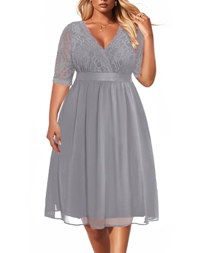 Image of Pinup Fashion Plus Size Lace Chiffon Wrap V Neck Dresses Women Cocktail Wedding Guest Midi Dress