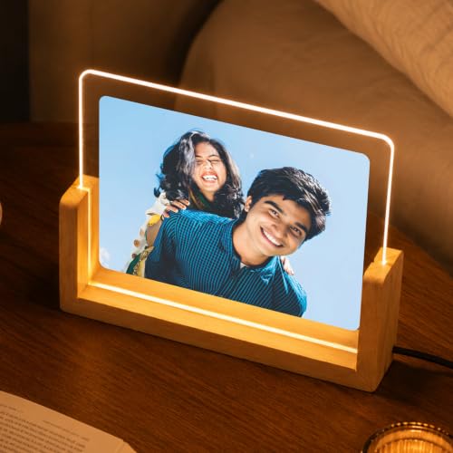 Image of Giftplease Personalized LED Acrylic Photo Frame for Couple with Custom Picture, Wooden Base Night Lamp, Romantic Bedroom Table Decor, Anniversary Memory Display, Birthday, Housewarming, Wedding
