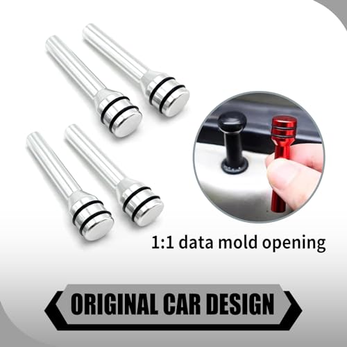 Jewkot Pack-4 Car Door Lock Knob Covers, 1.92\" x 0.47\" Alloy Anti-Scratch Door Latch Status Button Kit, Door Deadbolt Safety Decoration, Universal Inner Door Pull Pin Accessory for Cars (Silver)