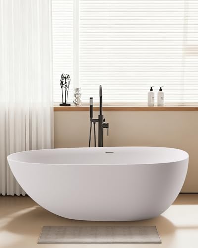 Soklawah Stone Resin Freestanding Bathtubs,67"Solid Surface Matte White Contemporary Luxury Free Standing Oval Soaking Tub,Egg Shell Bathroom decor Bath tub with Drain & Integrated Slotted Overflow