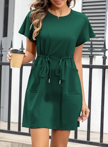 Image of EVALESS Womens Spring Summer Dresses 2026 Casual Round Neck Ruffle Short Sleeve Flowy A Line Mini Dress with Pockets