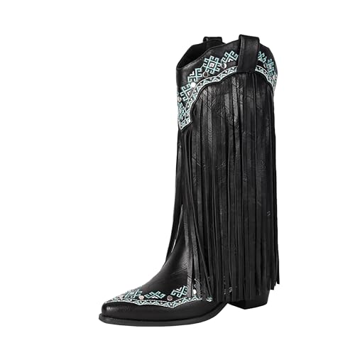 Embroidered Fringe Cowboy Boots for Women, Snip Toe Cowgirl Mid Calf Boots With Rivets Pull On Chunky Heel Embroidered Western Country Boot.