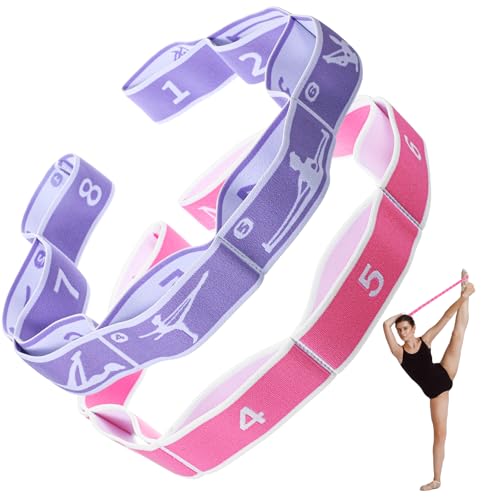 CIATBYYJ - 2 Stück Yoga Stretching Strap,Yoga Stretch Gurt mit 8 Schleifen,Hochelastischer Gymnastikband,Elastische Widerstandsbänder für Pilates Fitness Stretching Training (Lila,Rosa)