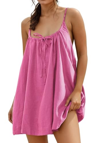 Image of YUENIU Womens Sundresses Mini Linen Beach Cover Up Tank Summer Casual Spaghetti Strap Sleeveless Dress with Pockets