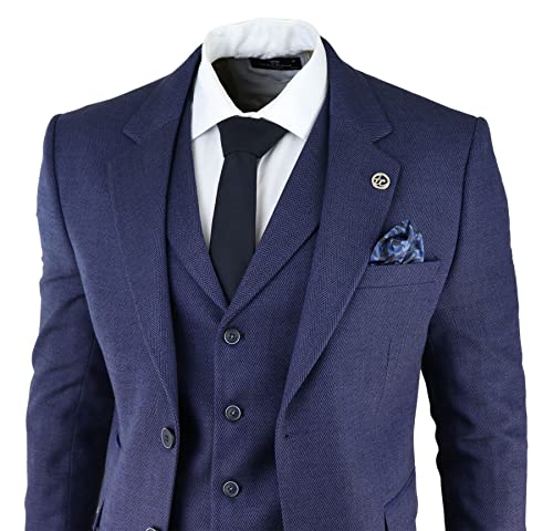 Mens Herringbone Tweed 3 Piece Suit Blue Classic Vintage Tailored Wedding Blinders2
