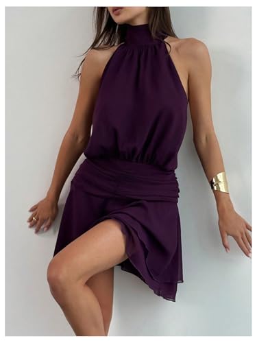 Image of Floerns Women's Summer Mini Dress Sleeveless Halter Backless Ruched Date Night Layered A Line Dresses