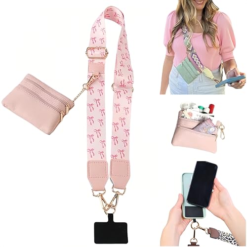 Crossbody Body Phone Holder for Women, New Phone Strap with Zippered Pouch, Adjustable Crossbody Strap (Pink Bow)