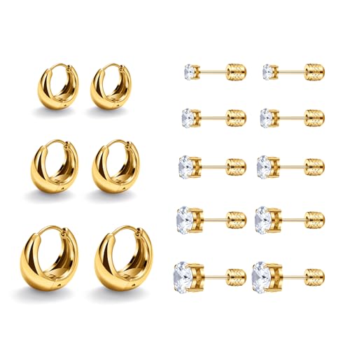 5 Pairs Flat Back Stud Earrings& 3 Pairs Hoop Earrings Set, Hypoallergenic Cubic Zirconia F136 Stainless Steel Jewelry For Women Man CZ Size 3-7mm