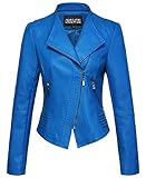 chouyatou Women's Casual Collarless Cropped Pu Leather Biker Jacket (Large, Blue)