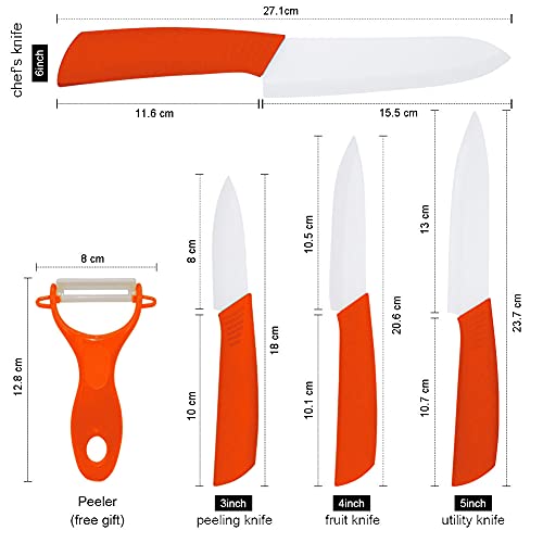 5-Pieces Ceramic Knife Set,Sharp Ceramic Knife With Block Stand,Steak Knife,Orange Kitchen Knives With Anti-Slip Handle,Includes 6"Chef Knife,5"Utility Knife,4"Vegetable Knife,3"Bread Knife,1''Peeler #TOP1