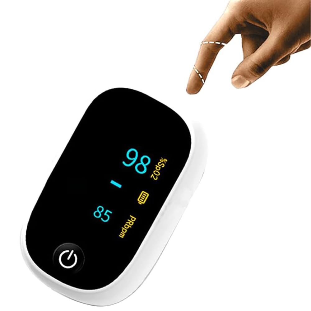 Pulsossimetro da Dito, Monitor della saturazione dell'ossigeno nel Sangue e Monitor della frequenza cardiaca, con Schermo OLED, Guscio in Silicone, nessun sensore, spegnimento Automatico, con Cordi